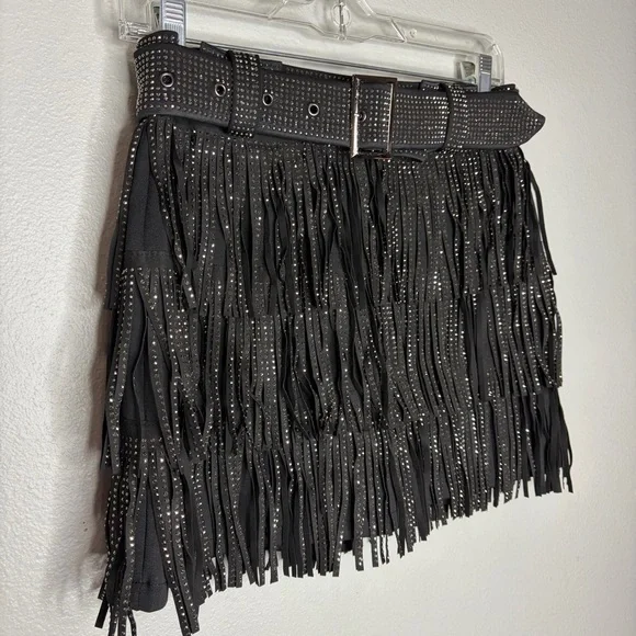 Nylon Apparel Rhinestone Multilayered Tassel Belted Mini Skirt Small Black New - Picture 2 of 8